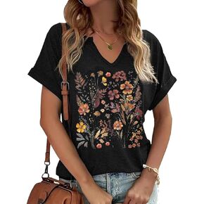 Womens Vintage Flowers V Neck Printed Shirt Funny Boho Flower Graphic Tee Casual Wildflower Botanical Short Sleeve