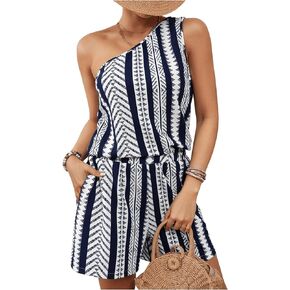 MakeMeChic Women's 2 Piece Outfit Casual Graphic Print One Shoulder Summer Shirt and High Waist Shorts Set
