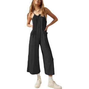 Women’s Casual Sleeveless Jumpsuits Summer Loose Adjustable Spaghetti Strap Stretchy Long Pants Jumper with Pockets