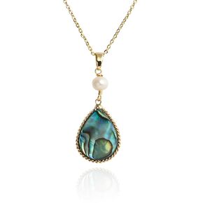 Handmade Wire Craft Pearl Teardrop Abalone Shell Pendant Necklace for Women, 18K Gold Plated