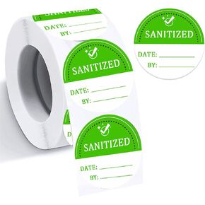 Sanitized Label 2 Inch Sanitized by Stickers Green Cleanliness Blank Date and by Stickers for Hospital,Car Rentals, House Rentals, Resturants(Pack-500)