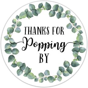 Thanks for Popping by Stickers, Greenery Baby Shower Favor Stickers, Bridal Shower, Wedding Stickers, 2 Inch, 50-Pack