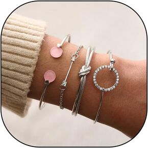 4 Pcs Boho Gold Silver Layered Bracelets Set for Women, Stackable Layered Arrow Knot Rhinestone Bangle Chains, Ideal Gifts for Wife