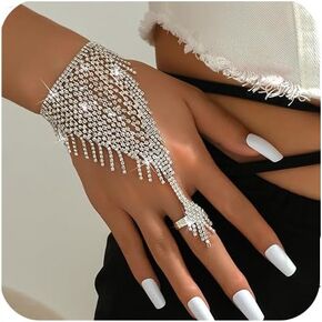 Chargances Tassle Sparkly Crystal Finger Ring Bracelet Silver Tassle Hand Chain Rhinestone Bangle Wedding Hand Harness Hand Accessories for Women (Style 2)