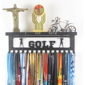 16" Premium Metal Wall Mount GOLF Design Medal Hanger and Ribbon Display Holder Rack with 3" Trophy Shelf and Easy Hanging Hooks - Great Gift for Kids & Adults (Black)