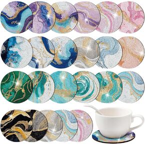 Yaomiao 24 Pcs Marble Diamond Art Coasters Painting Coasters Ocean Marble Coasters Diamond Art Coasters Kit DIY Coasters with Cork Base for Outdoor Drinks Adults Kids Beginners DIY Crafts Supplies