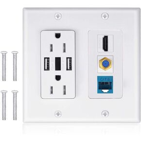 2 Power Outlet 15A with Dual 3.6A USB Charger Port Wall Plate with LED Lighting, IQIAN 1 HDMI HDTV + 1 CAT6 RJ45 Ethernet + Coaxial Cable TV F Type Keystone Face Plate White …
