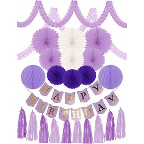 FIRST BIRTHDAY DECORATION SET Gold Cake Topper "One", Purple Banner Fiesta Hanging Paper Fan Flower Bundle with Purple Happy Birthday Banner (Happy Birthday Decoration) 24 PC, lavender balloons
