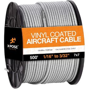 7x7 Vinyl Coated Galvanized Steel Aircraft Cable Wire - for Pulley System or Winch Loop - Marine Wire, Cable Railing, Deck Railing, Fencing - by Xpose Safety (250 ft - 1/16" to 3/32")