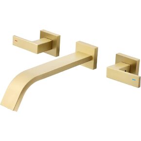 Brass Wall Mount Bathroom Faucet,Brushed Gold Wall Mounted Vessel Sink Faucet with Dual Lever Handles,Widespread 3 Holes Wall Faucet for Vanity Lavatory Sink,Rough in Valve