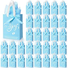 Qilery 50 Sets 8" Baby Boy Gift Bags with Tissue Paper It's a Boy Baby Shower Bag Blue with Handle Paper Gift for Guests Gender Reveal Party Favors