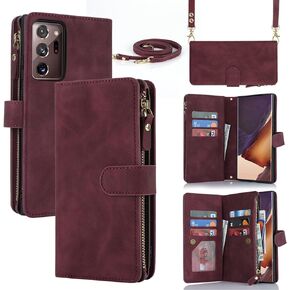 Jaorty Samsung Galaxy Note 20 Ultra Wallet Case for Women Men with Card Holder, Samsung Note 20 Ultra Crossbody Phone Cases with Strap Lanyard, Zipper Pocket PU Leather Kickstand Purse,6.9" Burgundy