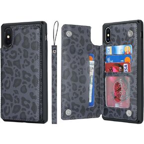 Cavor for iPhone Xs Max Phone Case with Card Holder,Wallet Case with Credit Card Holders for iPhone Xs Max,PU Leather Card Slots Cases[Kickstand][Wrist Strap] Shockproof Cover for Women Men- Black