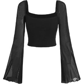 Verdusa Women's Long Sleeve Square Neck Contrast Mesh Sheer Flounce Sleeve Crop Top in Saudi Arabia