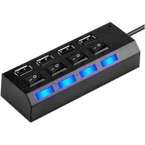 USB HUB 2.0 High Speed 4 Ports Adapter Expander Multi USB Splitter Multiple Extender with LED Lamp Switch for PC Laptop (4P), Black