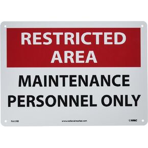 NMC RA15RB Security Sign, Legend "RESTRICTED AREA - MAINTENANCE PERSONNEL ONLY", 14" Length x 10" Height, Rigid Plastic, Black/Red on White