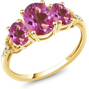 Gem Stone King 10K Yellow Gold Pink Mystic Topaz 3-Stone Engagement Ring | 2.34 Cttw | Oval 8X6MM and 6X4MM | 3 Stone Wedding Anniversary Promise Ring For Women