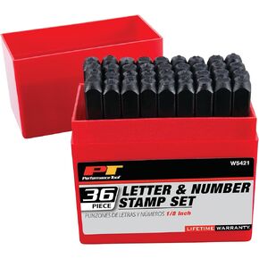Performance Tool W5422 36-Piece Steel Letter/Number Stamping Set for Identification, Includes 26 Letters A-Z, 9 Numbers 0-8, and Storage Box