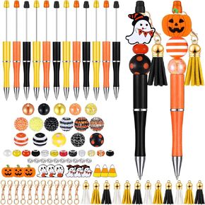 Colarr 12 Sets Beadable Pens Bulk Halloween Pens with Silicone Focal Beads Tassels Clasps and Dwarf DIY Making Kit for Office Christmas Gift(Spooky Style)