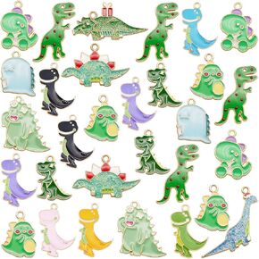 Julie Wang 32 PCS Mixed Enamel Dinosaur Charm Animal Pendants for Necklace Earring Bracelet Jewelry Making Bulk Lot Craft DIY Findings
