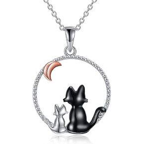 Black Cat Necklace 925 Sterling Silver Kitten Pendant Circle Crystal Necklace Cat Jewelry Gifts for Women Girls Girlfriend Animal Lovers