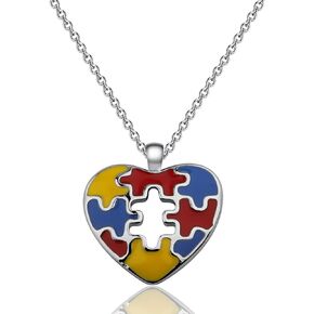 BEKECH Autism Necklace Autism Awareness Puzzle Piece Charm Heart Pendant Necklace Asperger Awareness Jewelry Gift