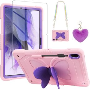 حافظة WESADN لهاتف Samsung Galaxy Tab S8 Plus/S7 FE مقاس 12.4 بوصة مع واقي شاشة/مسند فراشة/حبل/سلسلة مفاتيح/حامل قلم رصاص حافظة متينة للأطفال البنات لهاتف S8 Plus/S7 FE /S7 Plus وردي أرجواني