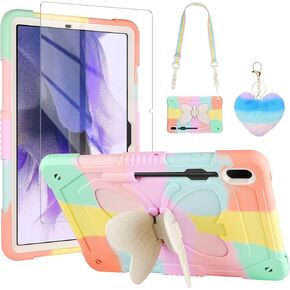 WESADN for Samsung Galaxy Tab S8 Plus/S7 FE Case 12.4 inch with Screen Protector/Butterfly Kickstand/Lanyard/Keychain/Pencil Holder Rugged Case for Kids Girls for S8 Plus/S7 FE /S7 Plus Pink Purple