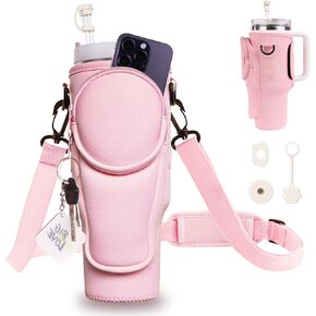 Water Bottle Holder for Stanley Cup Holder 40 Oz, Water Bottle Carrier Bag with Phone Pocket, Water Bottle Holder with Strap Adjustable, Stanley Cup Accessories with Stanley Straw Cover