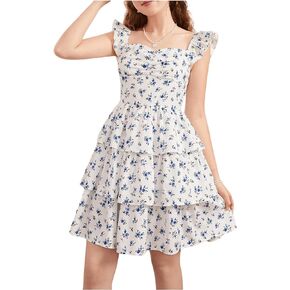 Girl's Floral Summer Dress Ruffle Shirred High Waist Dress Ruched Sweetheart A Line Spring Dress