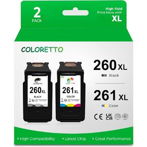 COLORETTO Remanufactured for Canon PG-260XL CL-261XL 260 261 XL (1 Black, 1 Color) Printer Ink Cartridges for PIXMA TS5320 TS6420 TR7020 All in One Wireless Printer High Yield Multipack