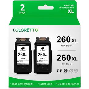 تم إعادة تصنيع COLORETTO لخراطيش حبر الطابعة Canon PG-260XL CL-261XL 260 261 XL (1 أسود، 1 لون) لخراطيش حبر الطابعة PIXMA TS5320 TS6420 TR7020 الكل في واحد، حزمة متعددة متعددة الإنتاجية