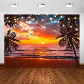 Avezano Summer Sunset Backdrop Hawaii Beach Scenery Photography Background Tropical Palm Trees Kids Portrait Photoshoot Props Baby Shower Birthday Party Decorations (7x5ft) Orange