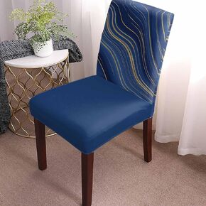 4 Pcs Dining Chair Covers Stretch Spandex Slipcovers Royal Blue Stripes Gold Inlay Removable Dining Room Seat Cover Cushion Protector for Home Hotel Banquet Decor Liquid Abstract Ripple Curve