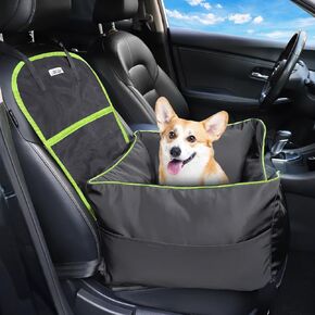 Dog Car Seat with Dogs Leash, Detachable Washable Dog Booster Seat for Small Mid Dogs Under 45 lbs, Pet Car Seat Travel Bed with Pockets (Black/Green)