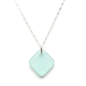Sea Glass Delicate Diamond Pendant (Aqua, 16" Cable Chain)