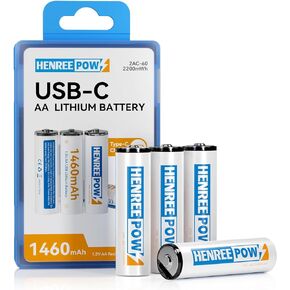 Henreepow Rechargeable AA Batteries, USB Lithium Double A Battery, 1.5H USB C Fast Charging 1.5V Constant Voltage 1200 Cycle Long Lasting Power Batteries (4 Pack)