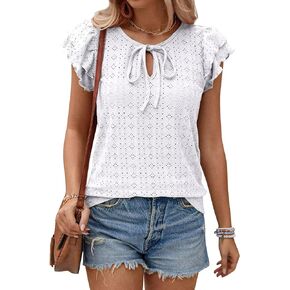 Women's Double Layered Ruffle Sleeve Top with Tie Front, 2024 Summer Going Out T-Shirt