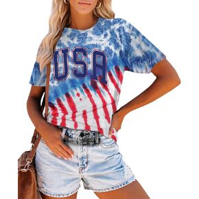 USA Shirt Women 4th of July T-Shirt Patriotic America Flag Top Casual Tie Dye Graphic Tee Tops