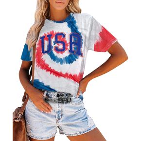 USA Shirt Women 4th of July T-Shirt Patriotic America Flag Top Casual Tie Dye Graphic Tee Tops