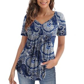 U.Vomade Womens Summer Tops V Neck Buttons Pleated Flared Plus Size Blouses M-4X