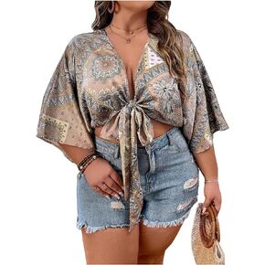MakeMeChic Women's Plus Size Front Tie Tops Crop Blouse Top Puff Sleeve Cropped Shirts