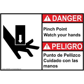 ComplianceSigns.com DANGER Pinch Point Watch Your Hands ANSI Bilingual Safety Label Decal, 5x3.5 inch 4-Pack Vinyl for Machinery