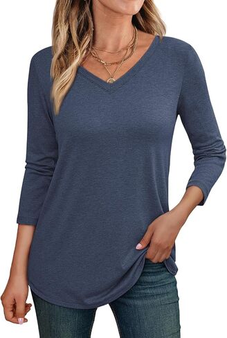 AUTOMET Womens 3/4 Length Sleeve Tops V Neck Shirts Casual Basic Trendy Tee Blouses in Saudi Arabia