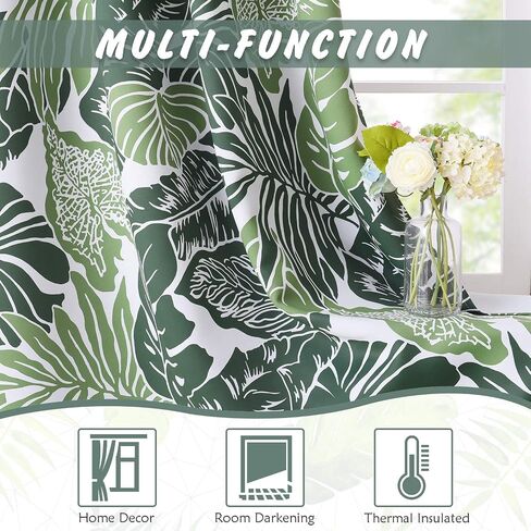 NICETOWN Winter Plant Banana Leaf Short Curtains for Bathroom Windows, Room Darkening Cold Blocker Tropical Window Panels for Flat/Apartment, 52 inches Wide by 45 inches Long, Green Palm, 2 Pieces in Saudi Arabia