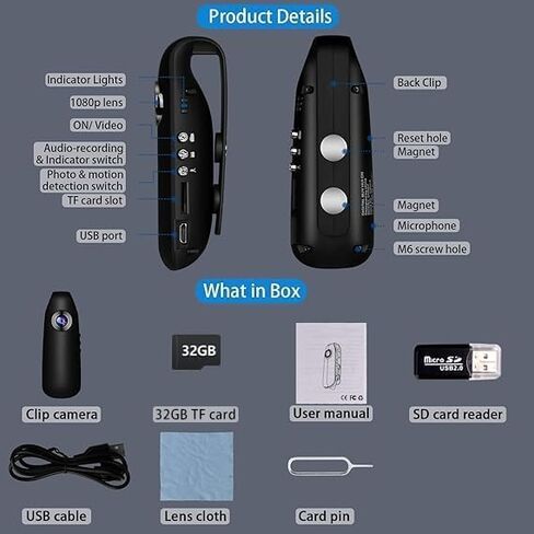 كاميرا الجسم مع تسجيل الصوت والفيديو، كاميرا الجسم الصغيرة المزودة ببطاقة TF سعة 32 جيجابايت، وكاميرا الجسم المخفية لتسجيل حلقة بدقة 1080 بكسل بدقة FHD، وكاميرا فيديو يمكن ارتداؤها بعمر بطارية 7 ساعات للسجلات اليومية وركوب الدراجات وسجلات العمل in Kuwait