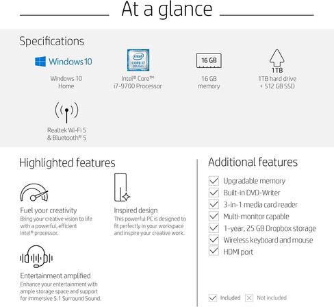 كمبيوتر مكتبي اتش بي انفي، انتل كور i7-9700، رام 16 جيجا، قرص صلب 1 تيرابايت، 512 جيجا اس اس دي، ويندوز 10 (TE01-0020، اسود) in Saudi Arabia