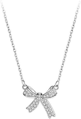 silver bow necklace, Women's bow collarbone chain, Bow necklaces for women, Bow pendant necklaces, sparkling fine rhinestone necklaces, Necklace Jewelry gift belt Gift box in Saudi Arabia
