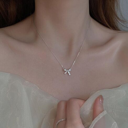 silver bow necklace, Women's bow collarbone chain, Bow necklaces for women, Bow pendant necklaces, sparkling fine rhinestone necklaces, Necklace Jewelry gift belt Gift box in Saudi Arabia