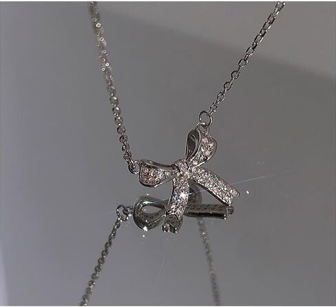 silver bow necklace, Women's bow collarbone chain, Bow necklaces for women, Bow pendant necklaces, sparkling fine rhinestone necklaces, Necklace Jewelry gift belt Gift box in Saudi Arabia